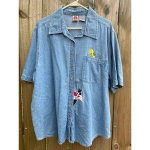 Vintage Looney Tunes Warner Brothers Womens Blue Button Down Shirt Sz 22W